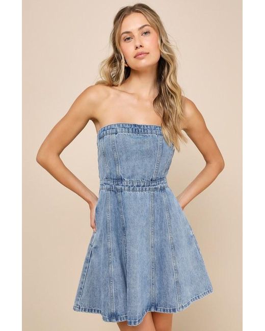 Lulus Blue Cutesy Charm Light Wash Denim Strapless Mini Dress With Pockets