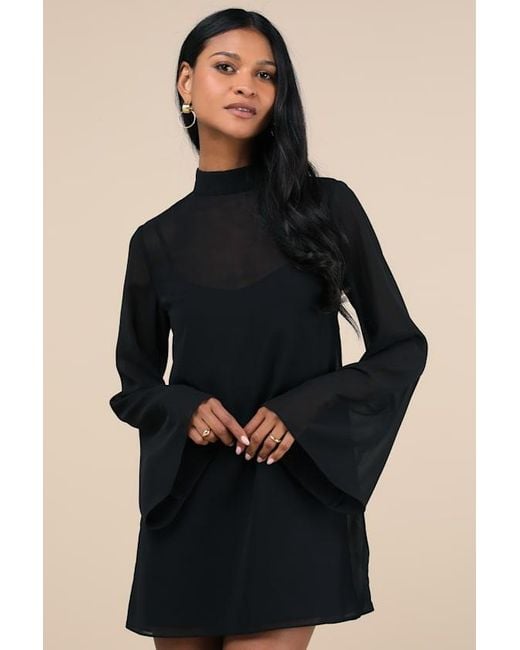 Lulus Black Perfected Charm Bell Sleeve Mini Shift Dress