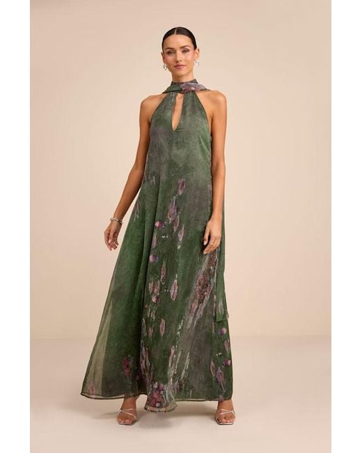 Lulus Green Calixta Abstract Chiffon Sash Shift Maxi Dress