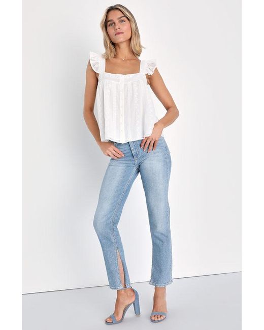 Lulus White Angelic Sweetie Ruffled Embroidered Button-Front Top