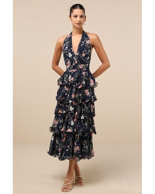 Lulus Blue Exceedingly Gorgeous Dark Floral Tiered Halter Midi Dress