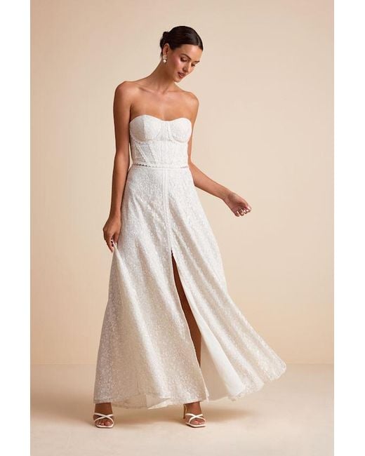 Lulus Natural Eldoria Lace Strapless Bustier Maxi Dress