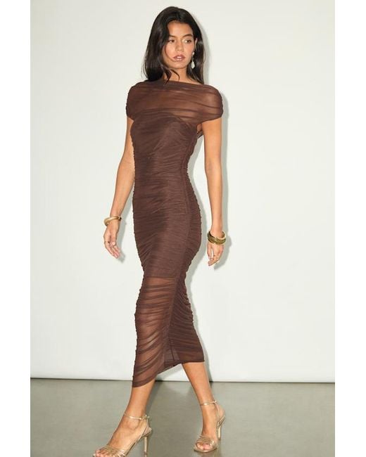Lulus Sunama Mesh Ruched Bodycon Midi Dress in Brown | Lyst