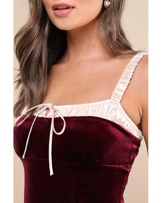 Lulus Red Charmed Appeal Velvet Satin Bow Mini Dress