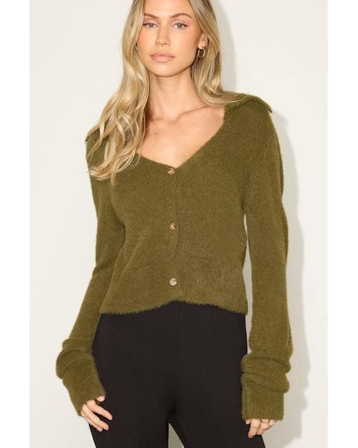 Lulus Green Poehler Eyelash Knit Collared Cropped Cardigan