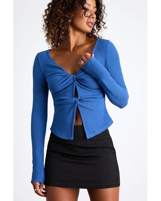Lulus Blue Lumirah Ribbed Knot-Front Cutout Long Sleeve Top