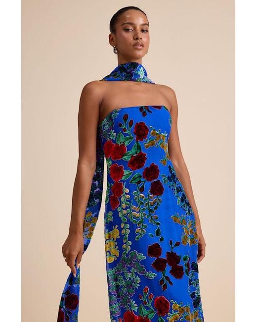 Lulus Blue Corelia Floral Velvet Burnout Strapless Sash Maxi Dress