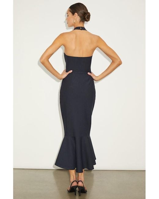 Lulus Blue Londa Dark Halter Neck Trumpet Midi Dress
