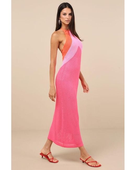 Lulus Pink Cancun Calling Multi Crochet Halter Midi Sweater Dress