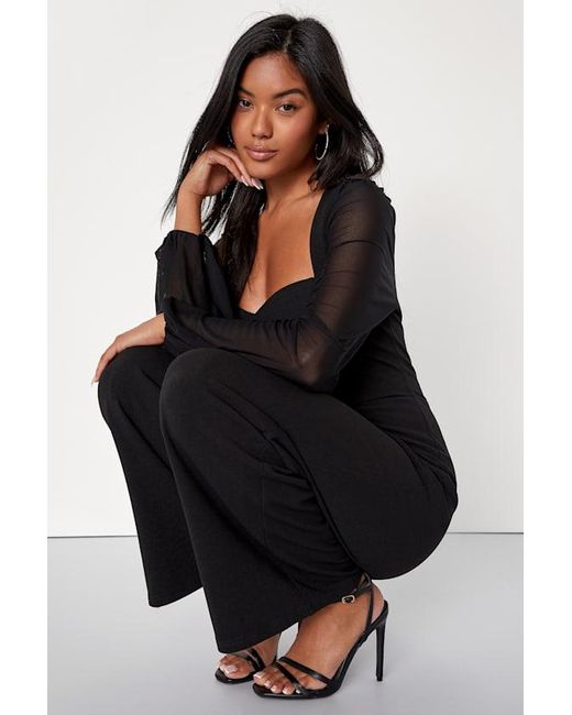 Lulus Black Perfect Charisma Mesh Long Sleeve Wide-Leg Jumpsuit