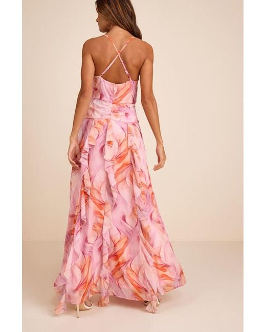 Lulus Pink Astraea And Abstract Surplice Ruffled Maxi Dress