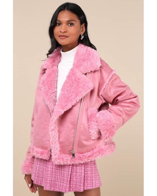 NVLT Pink Cozy Allover Vegan Leather Shearling Trim Moto Jacket