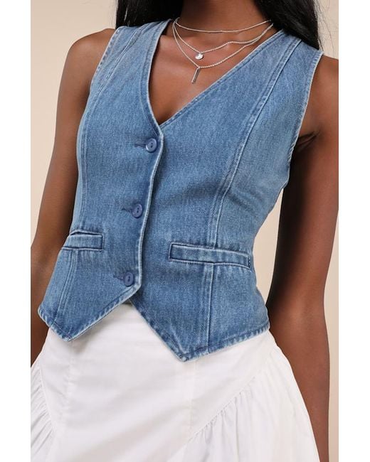 Lulus Blue Coveted Appeal Medium Wash Denim Vest