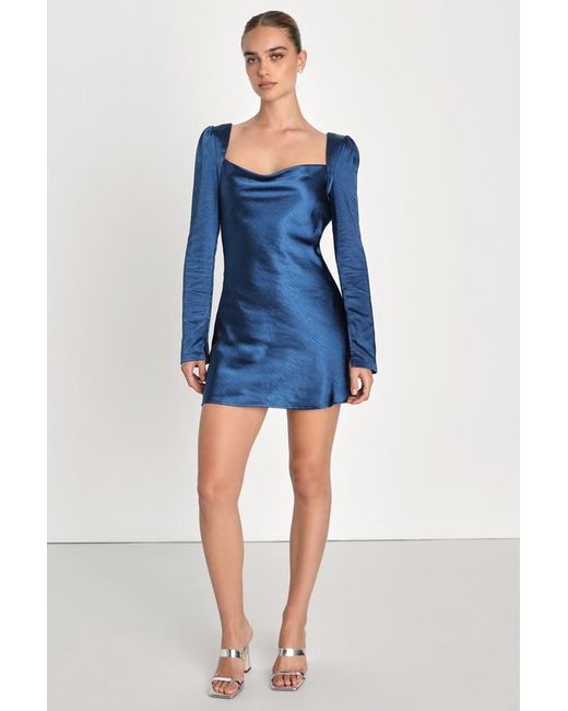 Lulus Blue Adoring Charm Dark Satin Long Sleeve Backless Mini Dress