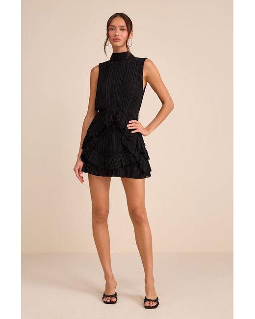 Lulus Black Alvana Plisse Mock Neck Ruffled Mini Dress