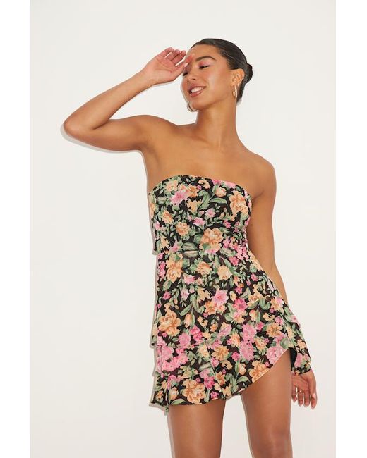Lulus Black Suvi Floral Strapless Tiered Asymmetrical Mini Dres