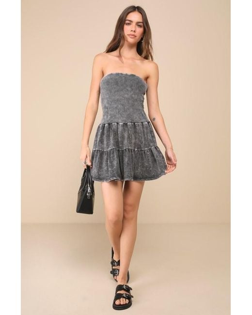 Lulus Gray Cute Always Mineral Washed Ribbed Tiered Mini Dress