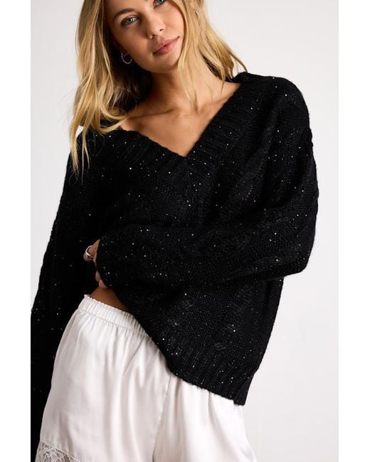 Lulus Black Ewan Sequin Cable Knit V-Neck Sweater
