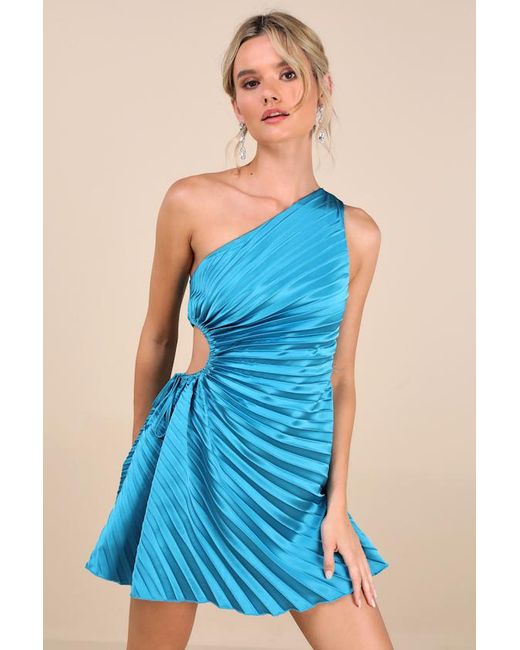 blue maxi evening dress Jewel Pleated One Shoulder Dress