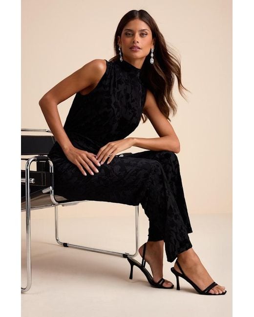 Lulus Black Micola Velvet Jacquard Mock Neck Jumpsuit