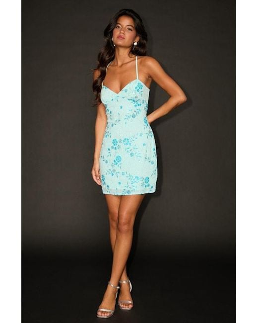 Lulus Blue Alisia Aqua Sequin Beaded Lace-Up Mini Dress