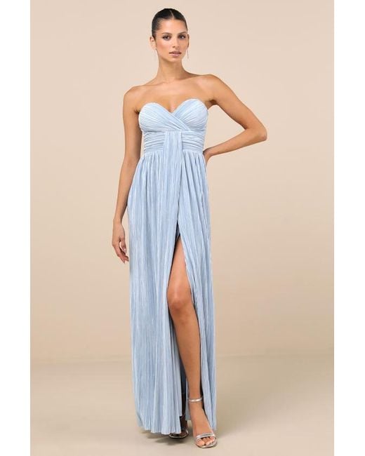 Lulus Blue Oswin Satin Plisse Strapless Maxi Dress