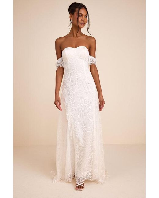 Lulus Natural Faye Embroidered Lace Off-The-Shoulder Maxi Dress