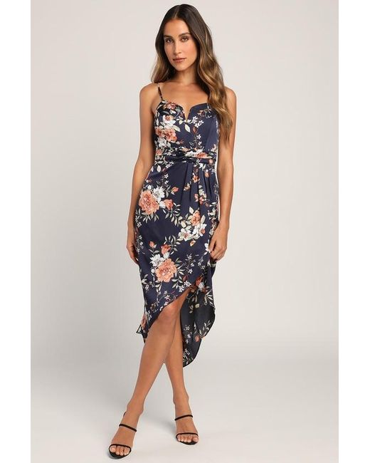 Lulus Blue My Favorite Day Floral Print Tulip Skirt Midi Dress