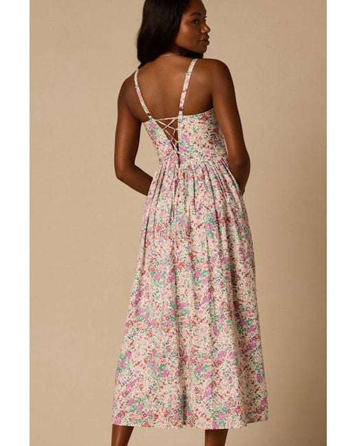Lulus Pink Dinette Multi Floral Basque Waist Midi Dress