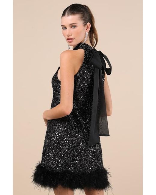 Lulus Black Magnetic Darling Shiny Sequin Feather Shift Mini Dress