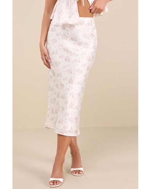 Lulus Natural Alexia Ditsy Floral Satin Slip Midi Skirt