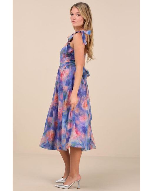 Lulus Purple Flowering Day Dream Floral Organza Midi Bubble Dress