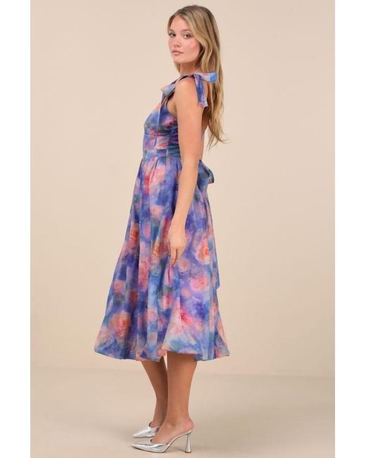 Lulus Purple Flowering Day Dream Floral Organza Midi Bubble Dress