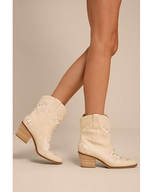 MIA Natural Calico Embroidered Western Ankle Booties