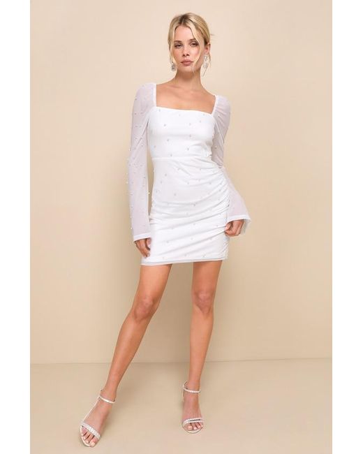 Lulus White Flirty Luxury Mesh Pearl Long Sleeve Mini Dress