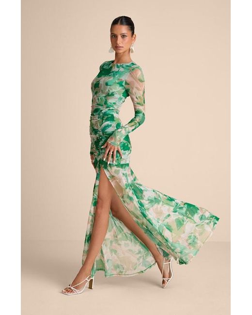 Lulus Vibrant Poise Floral Print Mesh Ruched Maxi Dress in Green | Lyst