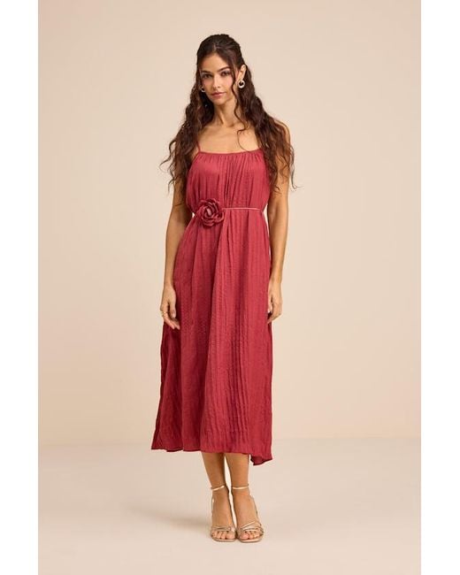 Lulus Red Alitra Dark Rose Pleated Rose Belt Sleeveless Midi Dress
