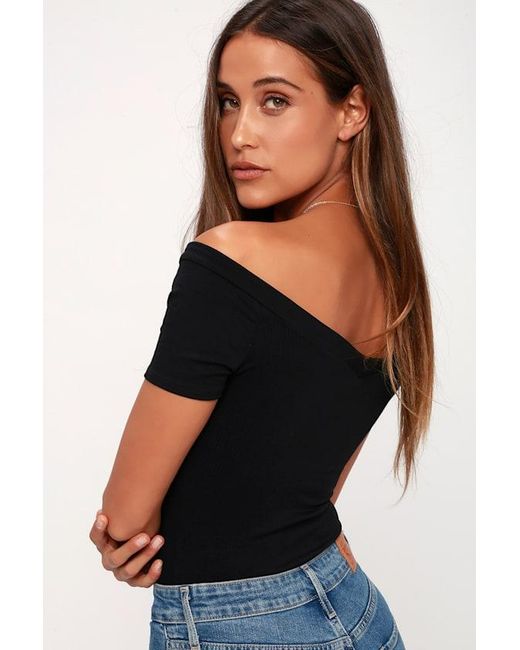 Lulus Black Sandpiper Ribbed Off-The-Shoulder Bodysuit