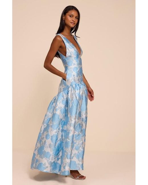 Lulus Blue Valna Floral Jacquard Drop Waist Maxi Dress