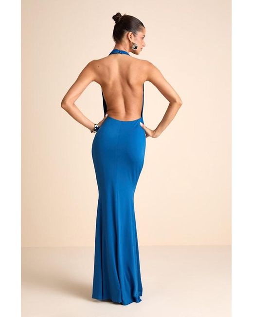 Lulus Eye-Catching Silhouette Cowl Neck Halter Maxi Dress in Blue | Lyst