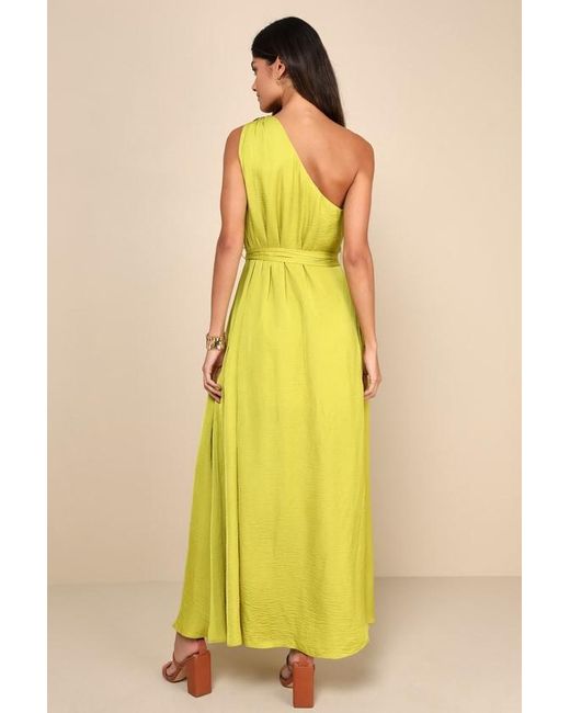 Lulus Green Goddess Aura Chartreuse Satin One-Shoulder Maxi Dress