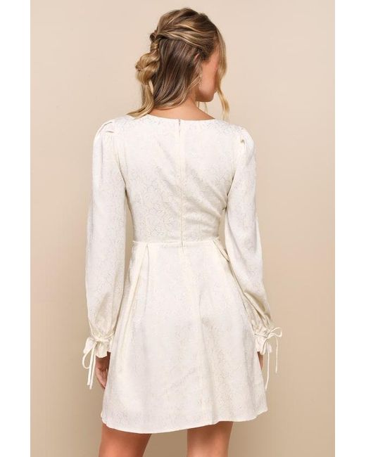 Lulus Natural Elegant Adoration Cream Floral Jacquard Long Sleeve Mini Dress