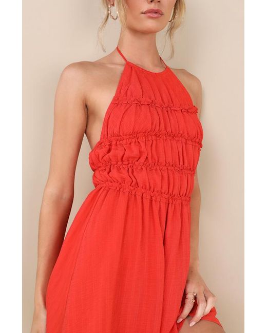 Lulus Red Kallina Ruffled Halter Neck Mini Dress