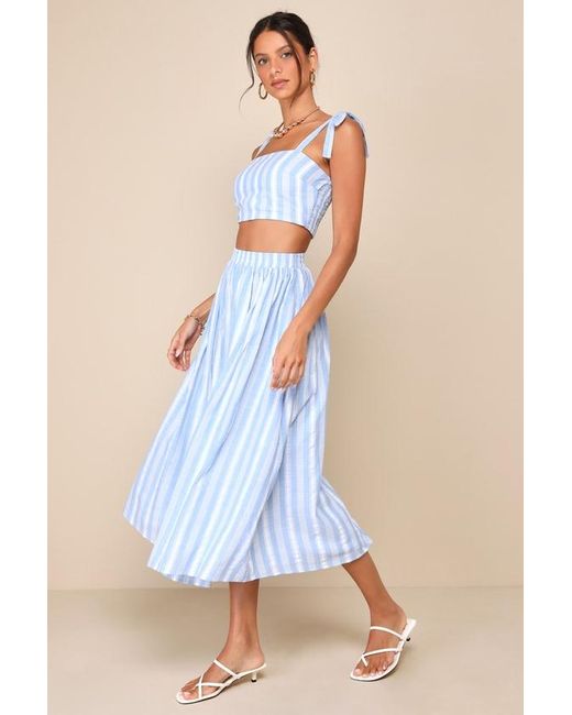 Lulus Blue Cheerful Season Striped Two-Piece Midi Dress With Pockets