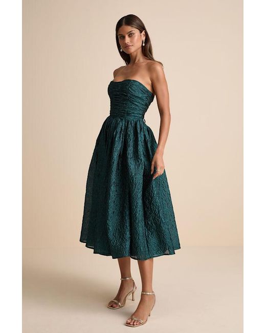 Lulus Blue Analeia Dark Jacquard Lace-Up Strapless Midi Dress