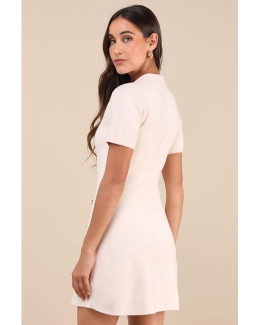Lulus Natural Posh Outcome Cream Short Sleeve Sweater Mini Dress