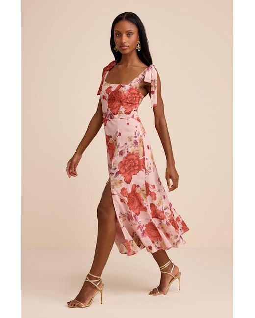 Lulus Pink Summer Invite Floral Tie-Strap Tiered Midi Dress
