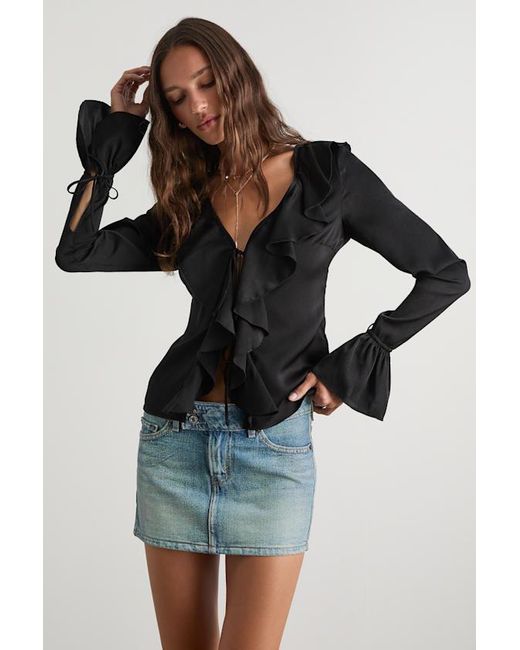 Lulus Black Tanisha Satin Ruffled Tie-Front Long Sleeve Top