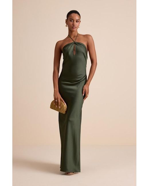 Lulus Green Gracie Satin Halter Neck Maxi Dress