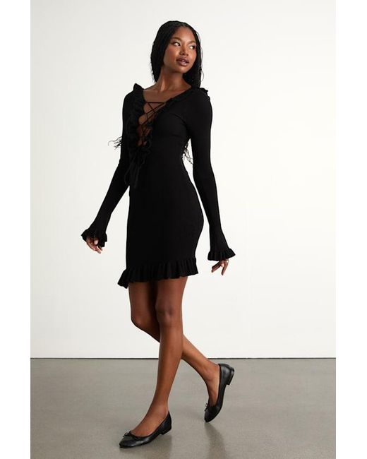 Lulus Black Haylea Ribbed Lace-Up Ruffled Sweater Mini Dress